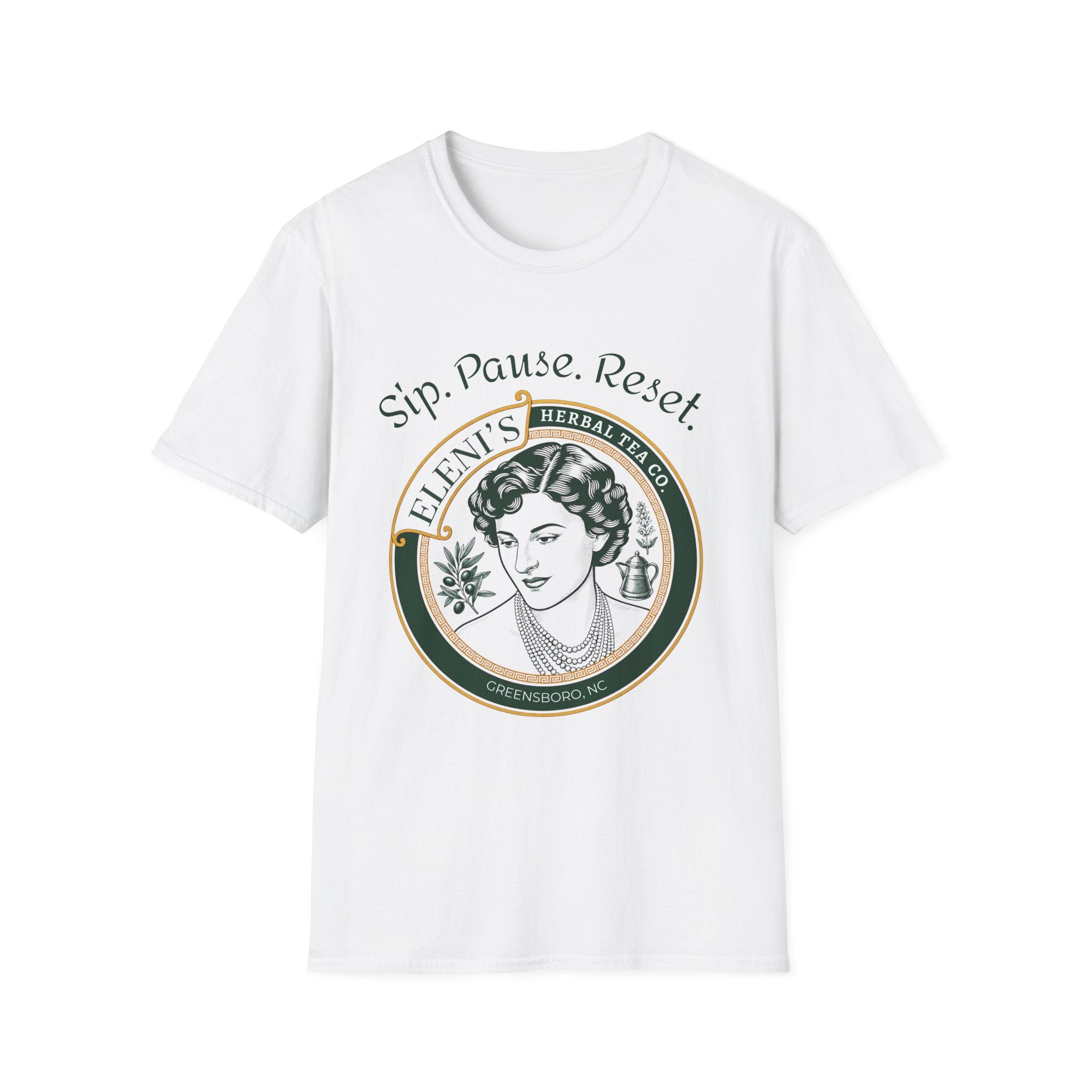 Eleni's Tea Logo T‑Shirt — “Sip. Pause. Reset.” Vintage Herbal Tea Graphic