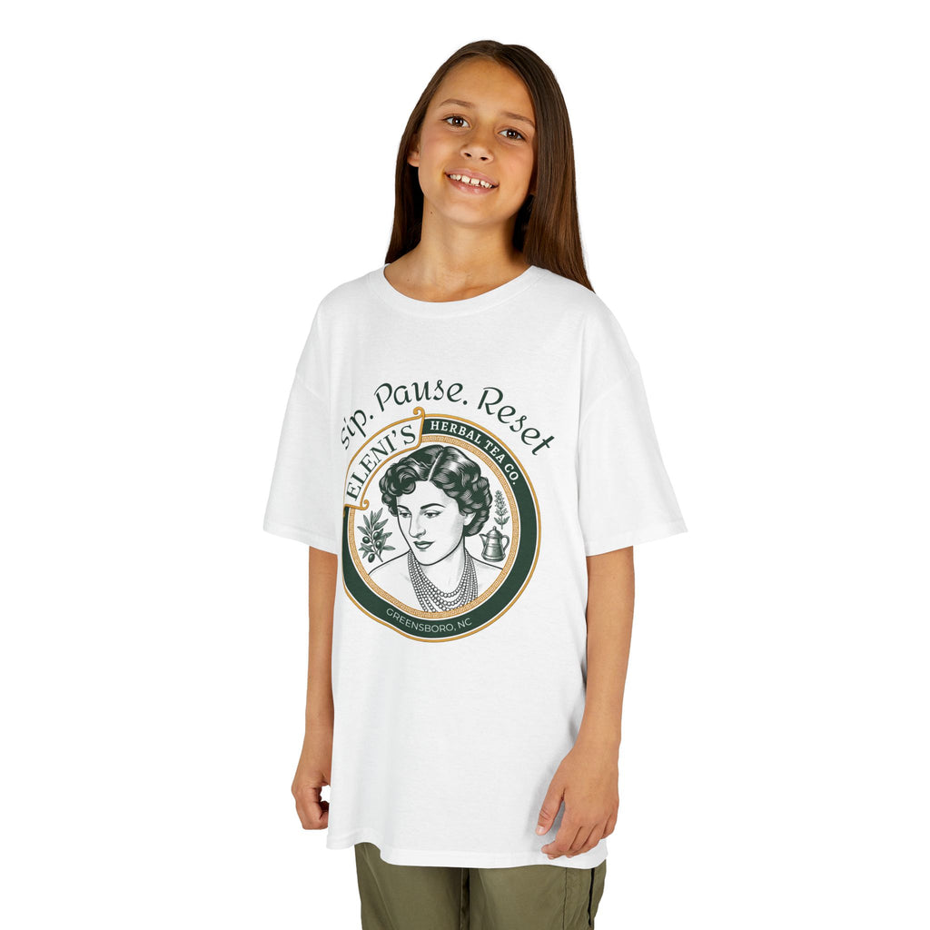 Kids Tee — Sip. Pause. Reset.  Cute Stacked Teacups Kids T‑Shirt (Tea Lover Gift)
