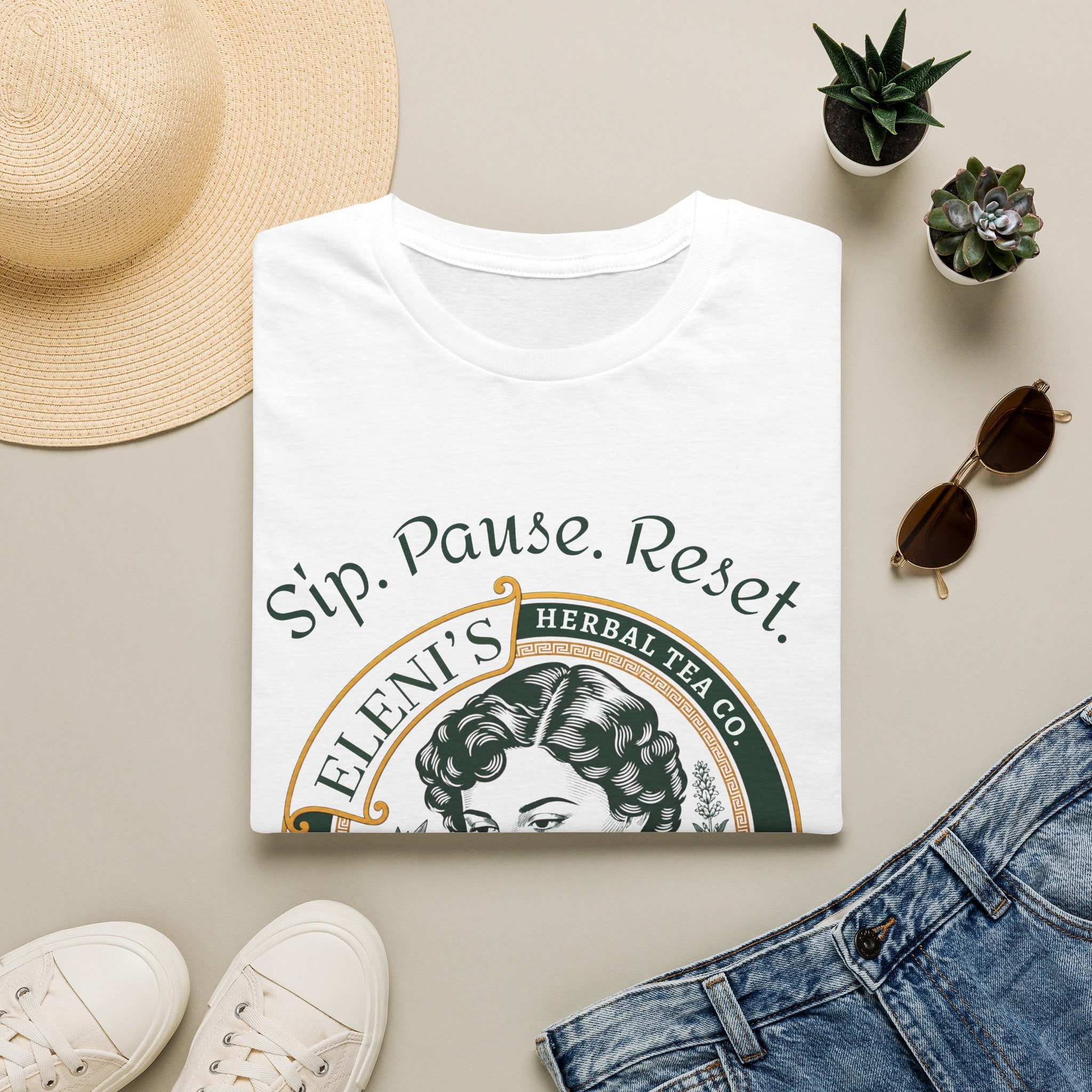 Eleni's Tea Logo T‑Shirt — “Sip. Pause. Reset.” Vintage Herbal Tea Graphic