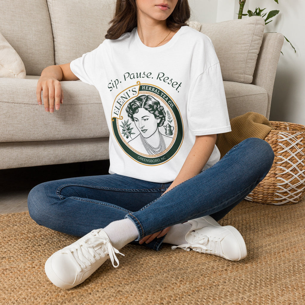 Eleni's Tea Logo T‑Shirt — “Sip. Pause. Reset.” Vintage Herbal Tea Graphic