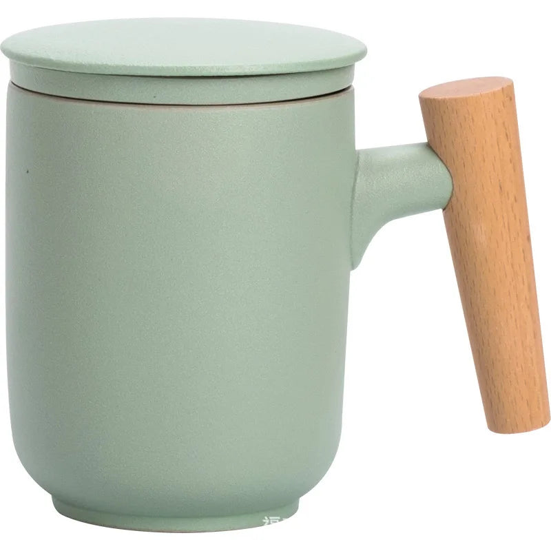 Tea Separation Mug Ceramic Frosted Tea Cup Household Office Wooden Handle Mug With Lid Filtration Ceramic and Pottery Cups Mugs
