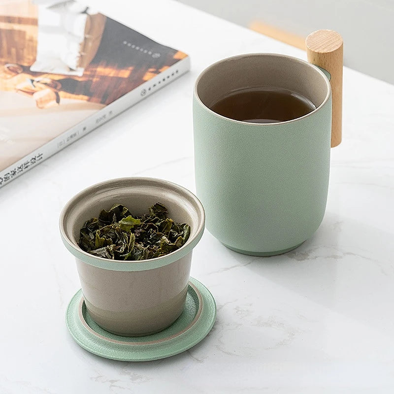 Tea Separation Mug Ceramic Frosted Tea Cup Household Office Wooden Handle Mug With Lid Filtration Ceramic and Pottery Cups Mugs