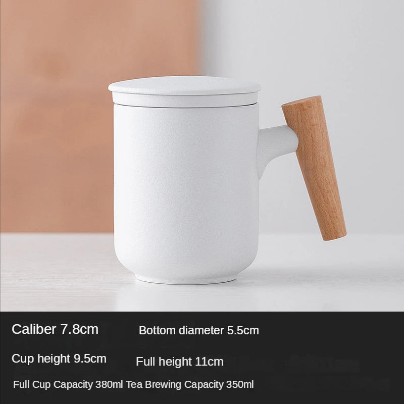 Tea Separation Mug Ceramic Frosted Tea Cup Household Office Wooden Handle Mug With Lid Filtration Ceramic and Pottery Cups Mugs