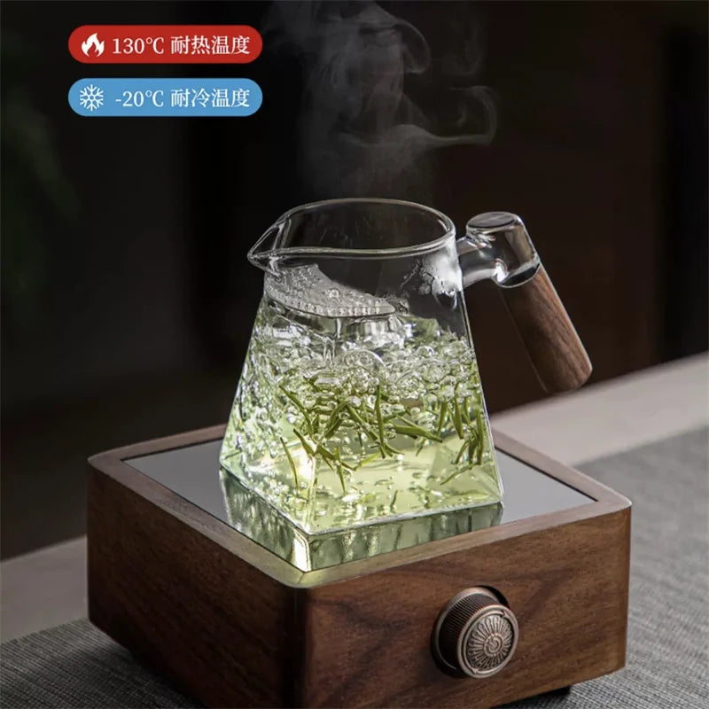 500ml/ 16.9oz  Wooden Handle Glass Fair Cup With Crescent Filter High-grade Tea Dispenser Chahai Tea Divider Tea Cup  Kung Fu Tea Set